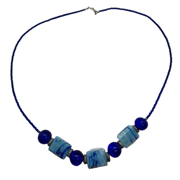 GLASS Bead Necklace Blue Swirled Marbled Beaded - Picture 1 of 4